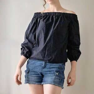 J. Crew Preppy Classic off shoulder Peasant Milkmaid Black Summer women's top